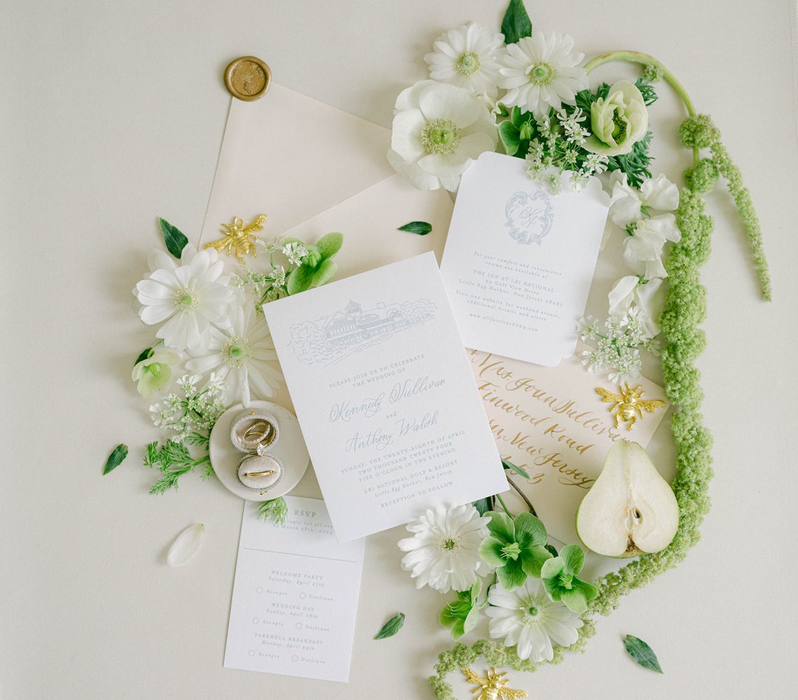 greenery_wedding_flatlay_NJ_bridal_hair_stella_fatale_Lace_and_Belle_wedding_stationery Soft greenery wedding flatlay New Jersey wedding Stationery