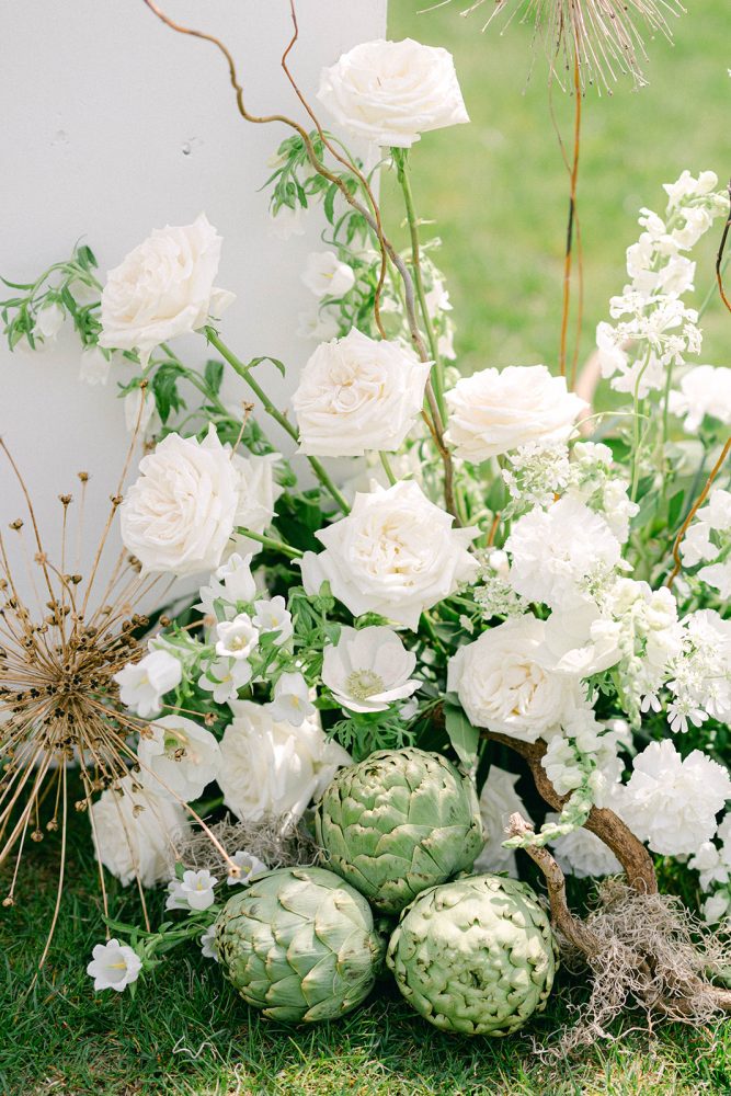 vegetable_artichoke_centerpiece_hair_Stella_Fatale White rose and artichoke centerpiece NJ wedding Florist Jack Perri Hairstylist Stella Fatale