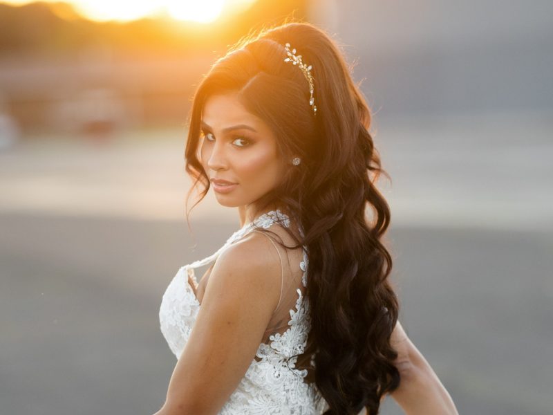 New_Jersey_Bridal_Hair_Glam_Ponytail_Stella_Fatale Glam bridal hair ponytail in golden hour photoshoot