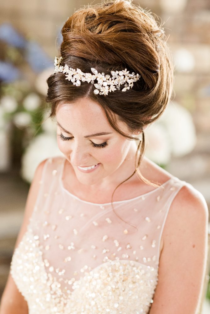 new-jersey-bridal-hairstylist-textured-updo-crystal-headpiece.jpg Close up of textured bridal updo with crystal headpiece styled by New Jersey bridal hairstylist