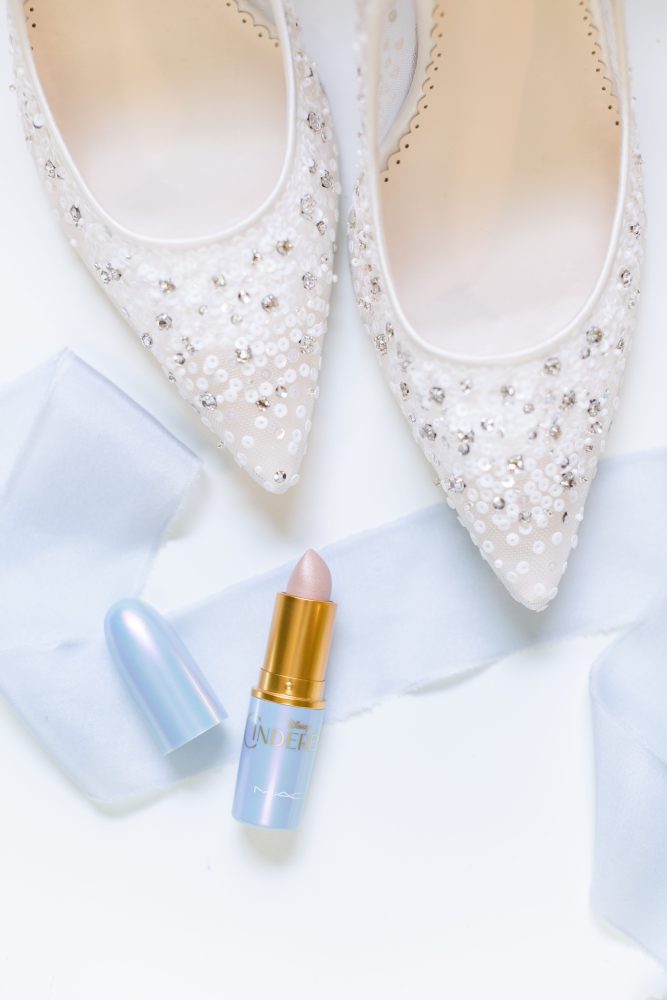 bridal-beauty-details-wedding-flat-lay.jpg Sparkling bridal shoes and luxury lipstick styled for refined New Jersey wedding details